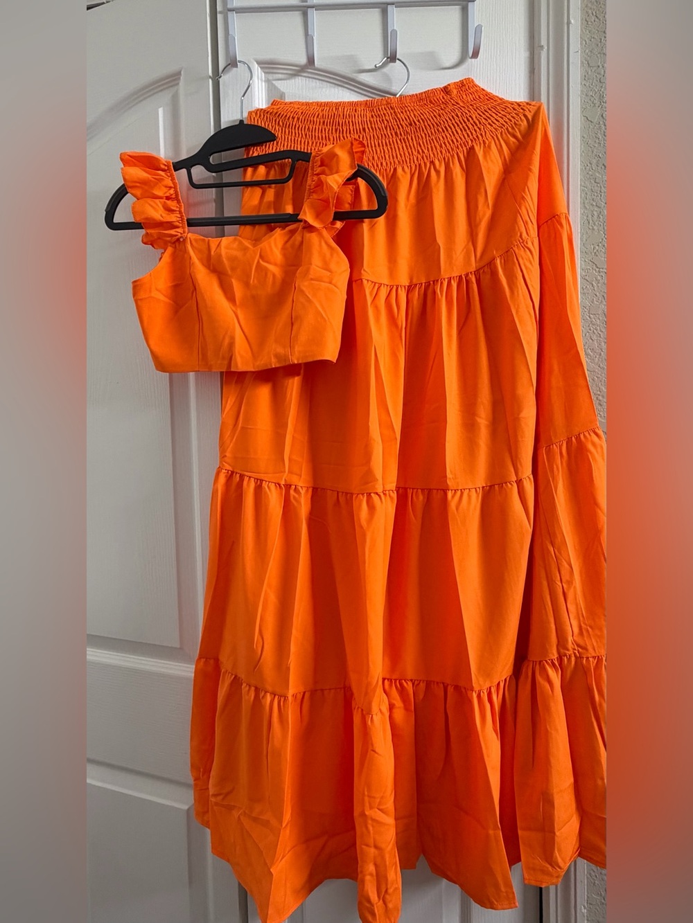 Amazon Bright Orange Tiered Skirt Set with Ruffle-Strap Crop Top